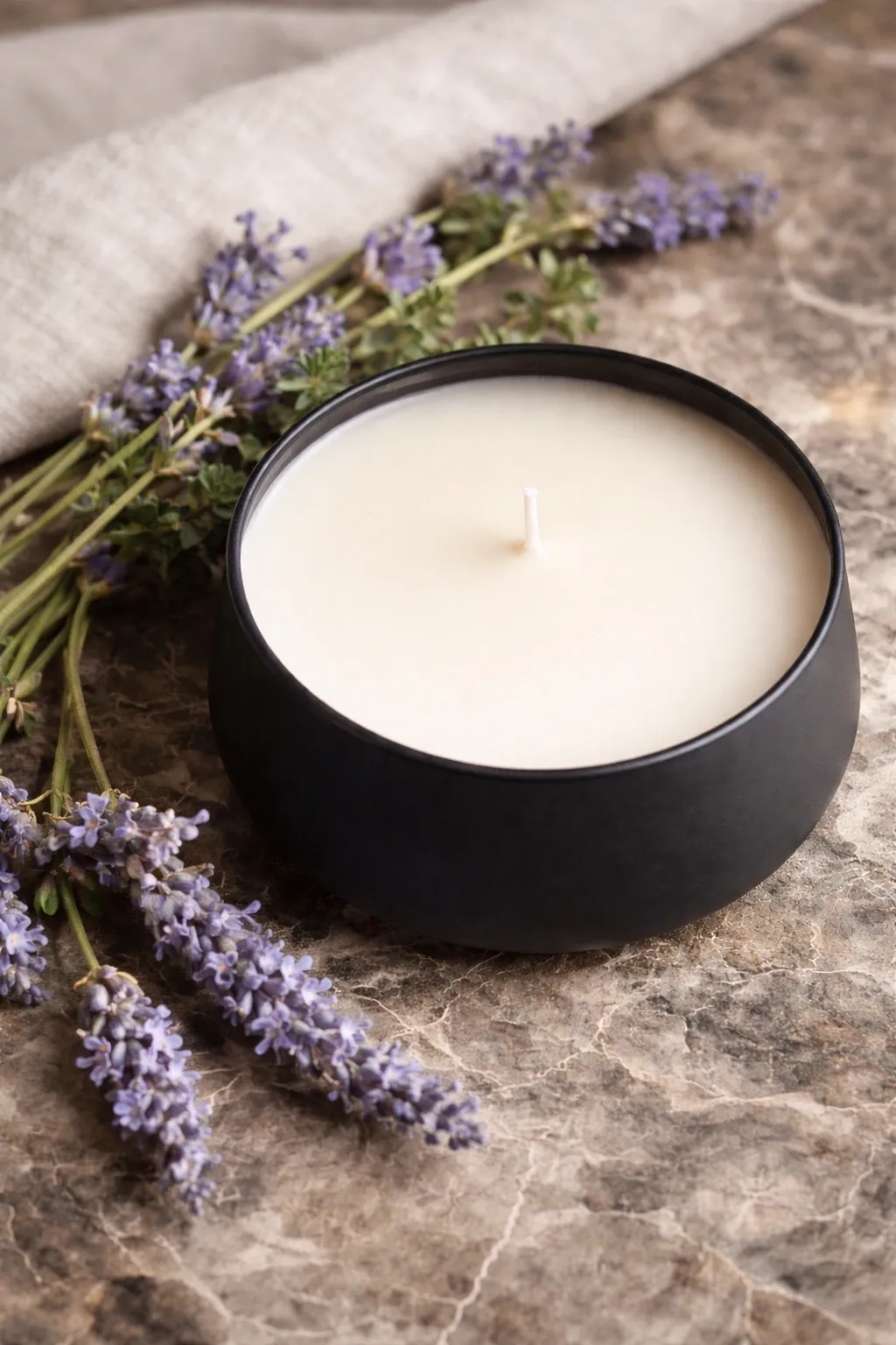 Lavender sprigs with black candle on marble