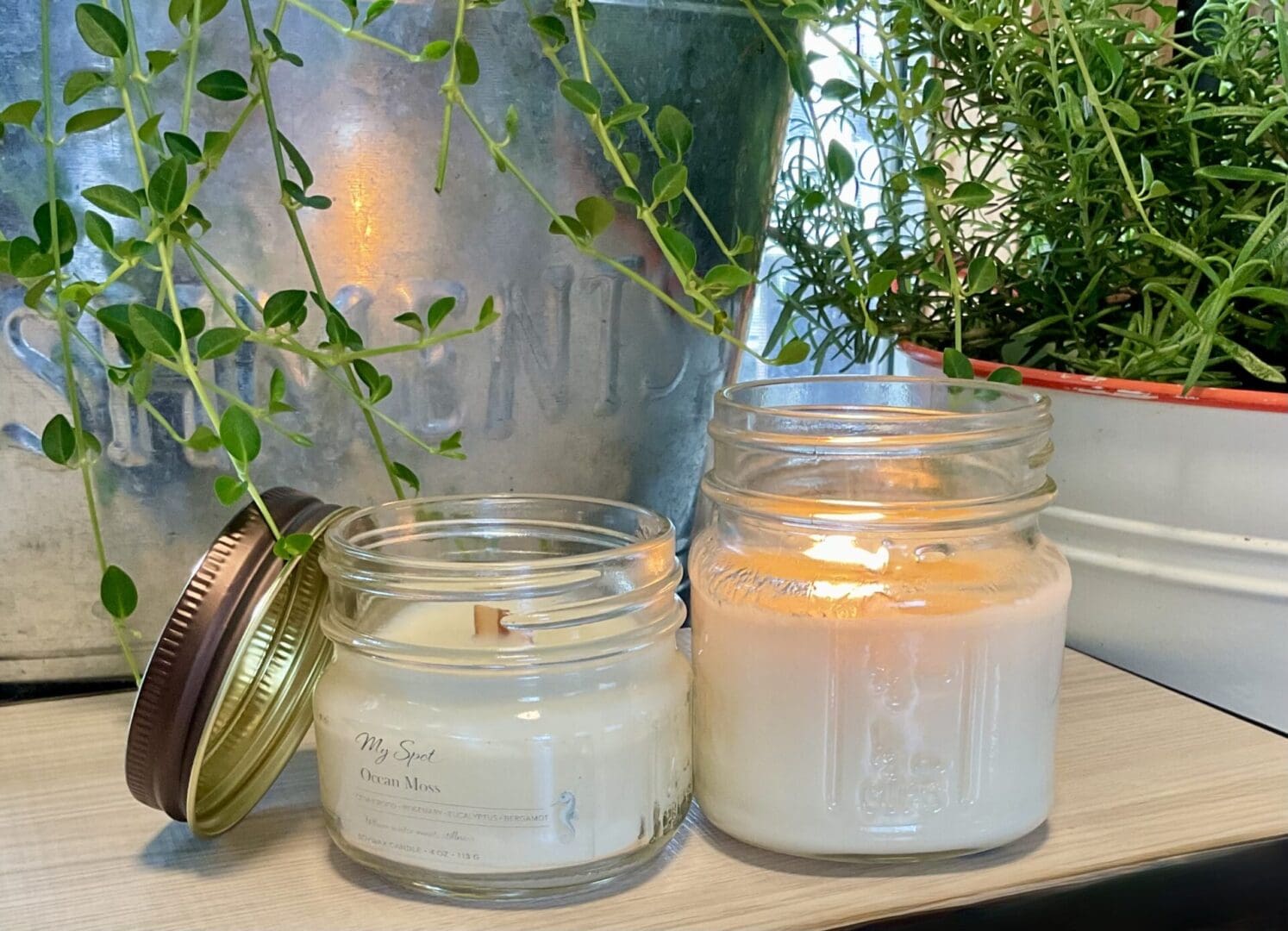 Ocean Moss candle lit with wood wick soft glow relaxing ambiance