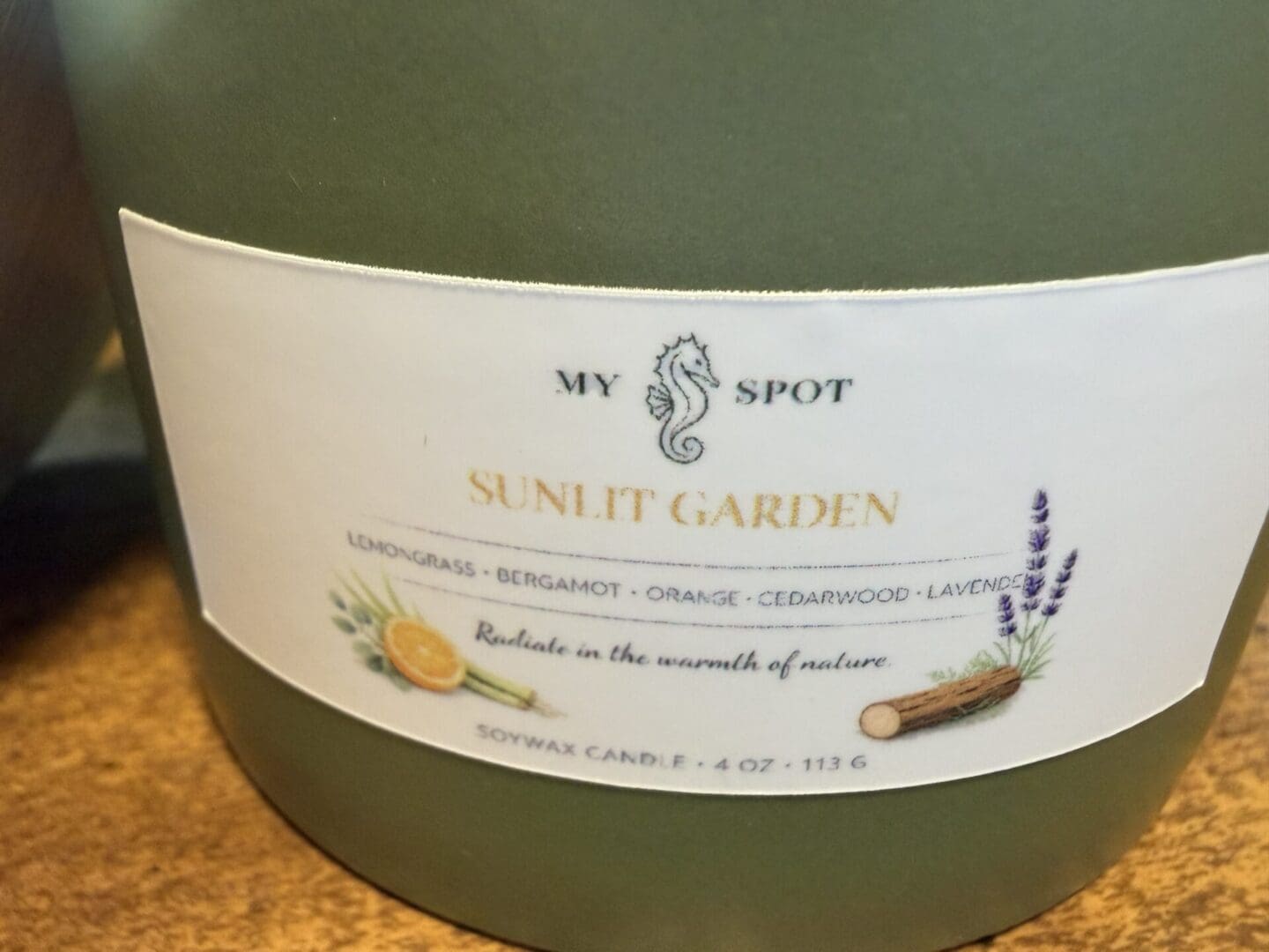 Close up of My Spot Sunlit Garden candle label