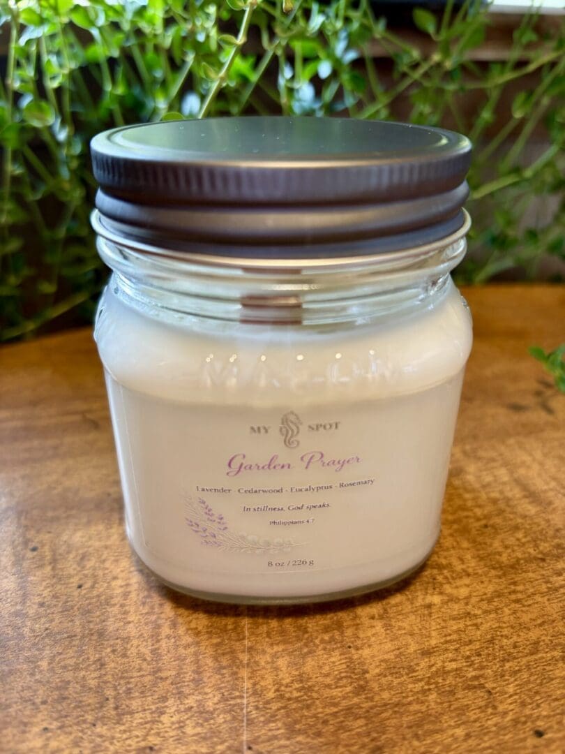 Garden Prayer lavender candle in clear mason jar