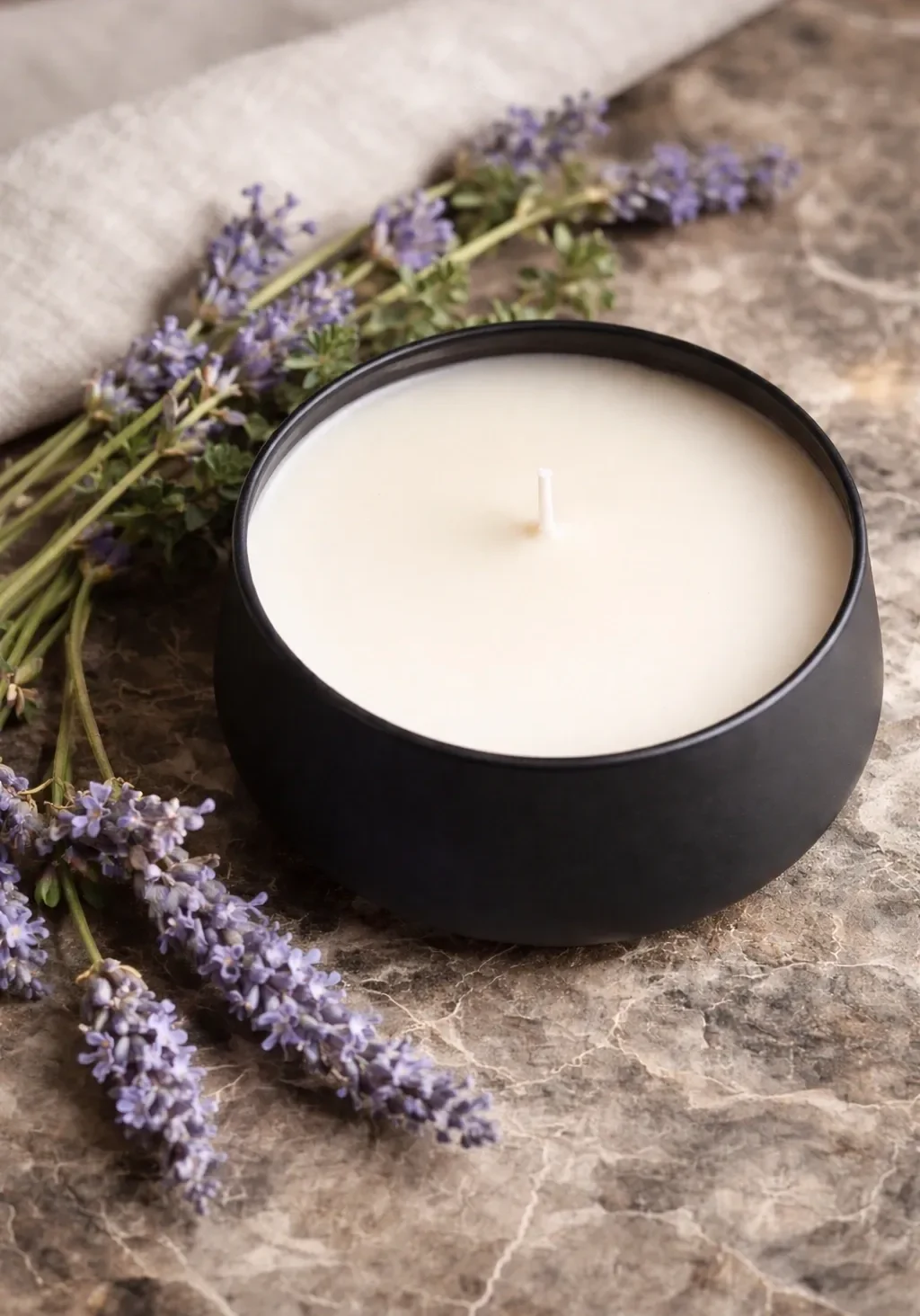Lavender sprigs with black candle on marble